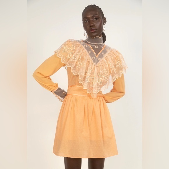 House of Aama‎ NWT 0 Southern Girl Peach Victorian Lace Silk Mini Dress - Picture 1 of 16